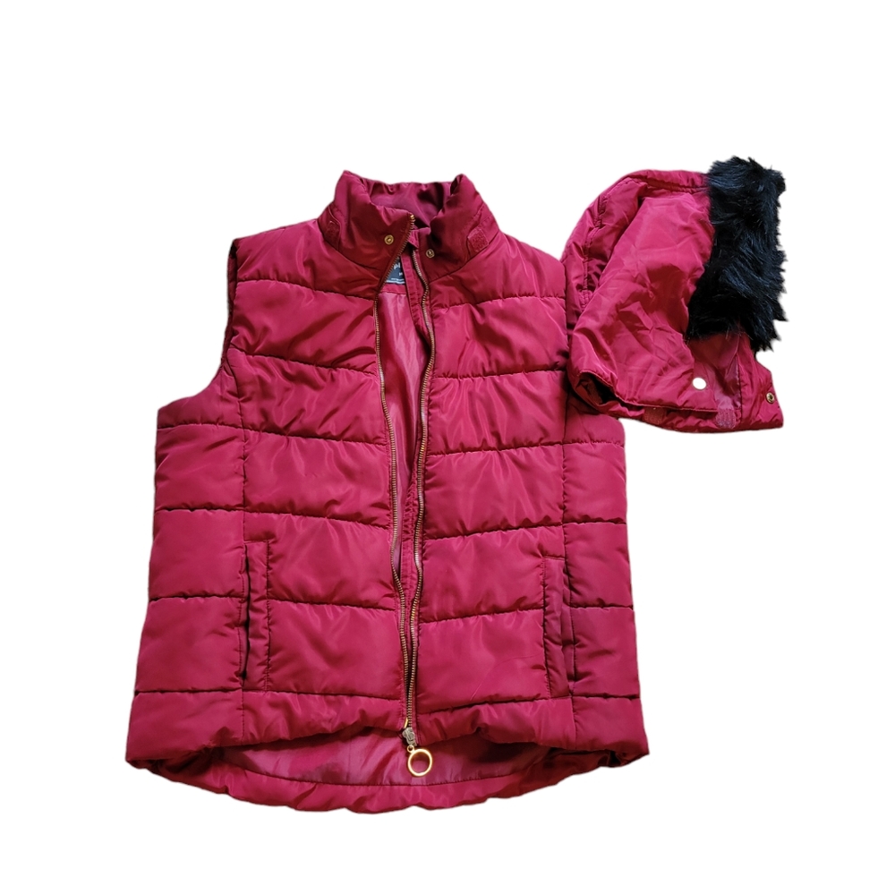 Splash Maroon Puffer Vest with Detachable Faux-Fur Hood - Youth Size 14 / Women'